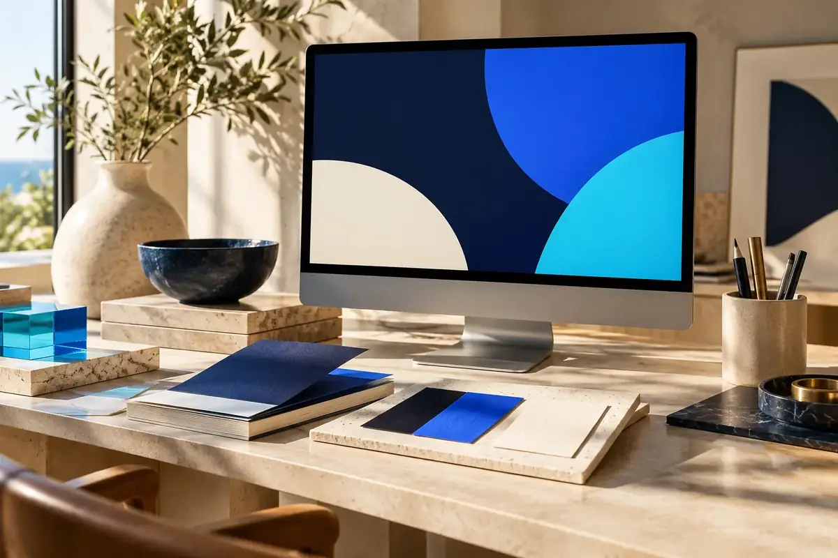 A thoughtfully arranged design studio desk, illustrative image