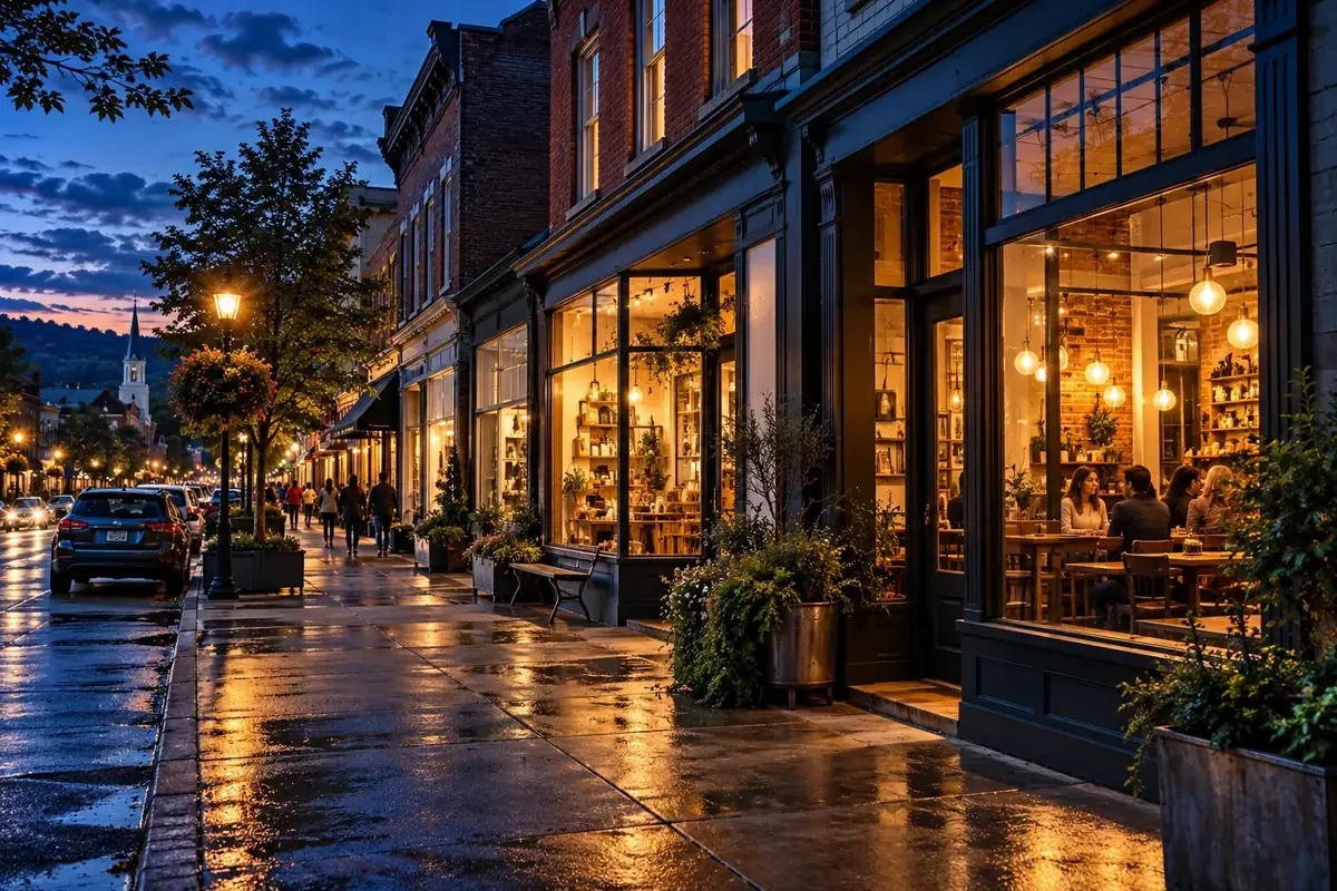 Independent storefronts at dusk, illustrative image
