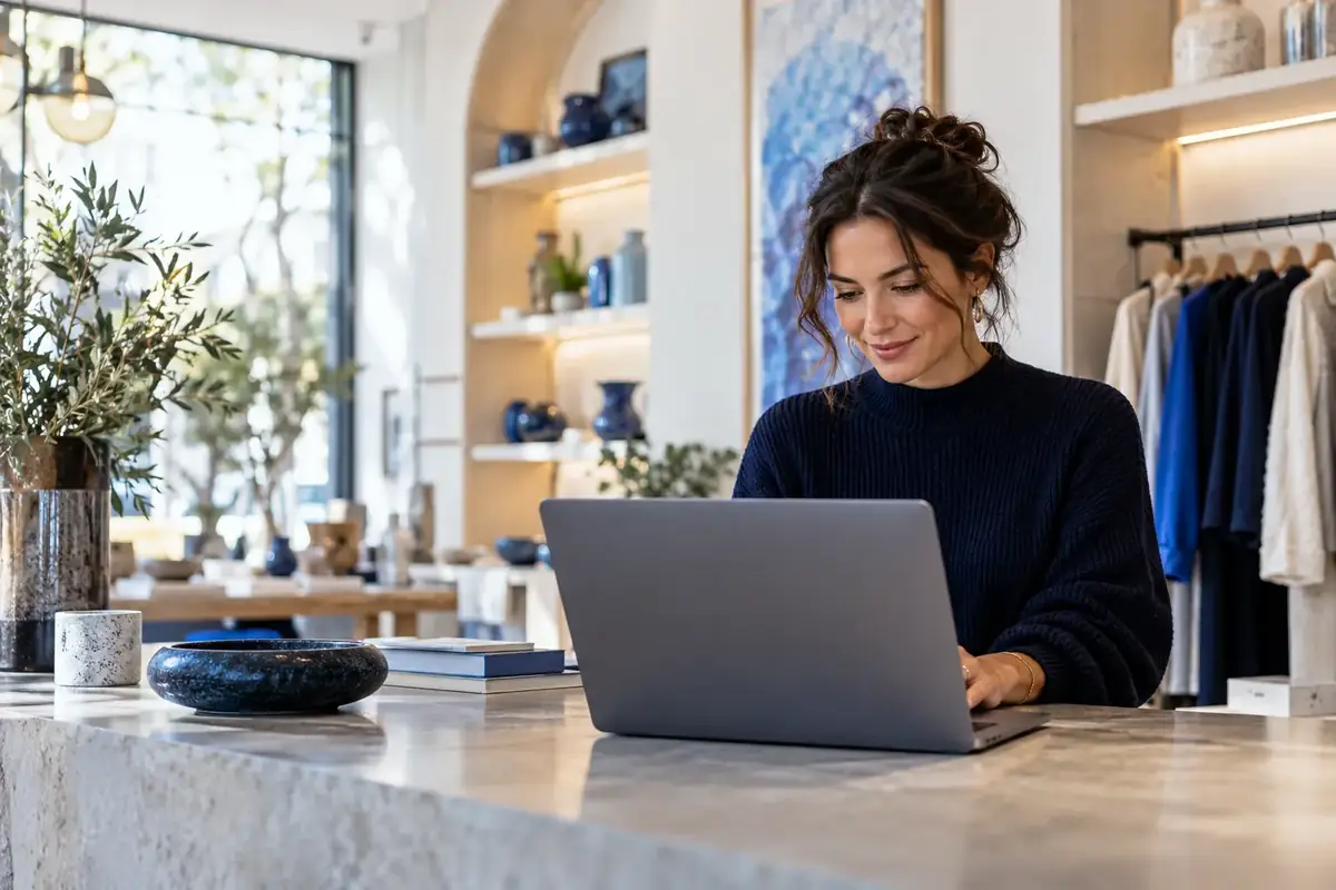 A business owner working at a laptop in a boutique, illustrative image
